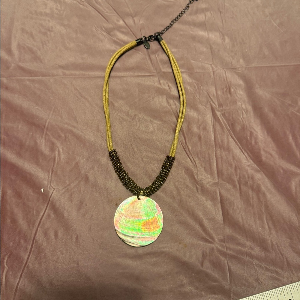 Lia Sophia Corded Bronze Beaded Necklace MOP Mother of Pearl Pendant 16” - Picture 2 of 7
